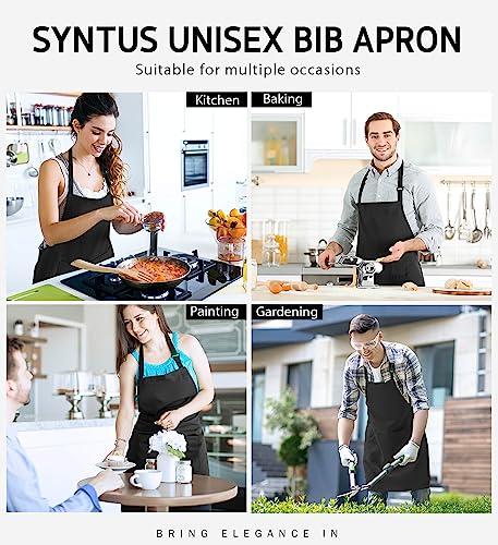 Syntus 12 Pack Bib Apron, Unisex Aprons Adjustable 100% Cotton with 2 Pockets Cooking Kitchen Aprons for Women Men Chef, BBQ Drawing Apron Bulk, Black