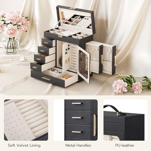 HOOBRO Jewelry Box with Mirror, Jewelry Organizer Box with Capacious Storage Space, Jewelry Holder Organizer, Hand-Held Jewelry Case, Glass Cover, Modern Style, Black and Light Gold BK06JB04G1