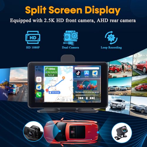 Car Screen Portable Carplay for Apple: 7 Inch Android Auto - Wireless Car Play with Backup Camera,2.5K Dash Cam,GPS Navigation,Car Audio Receivers Bluetooth,Mirror Link, Bluetooth,FM,Siri AMTIFO A28