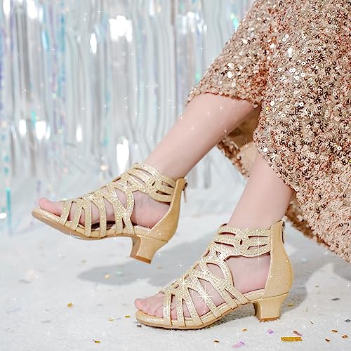 LAURMOSA Little Girls Fancy Dress Shoes Gold Champagne Pump Sandals High Heels Princess Birthday Party Flower Girl Wedding (L1007Cham 11)