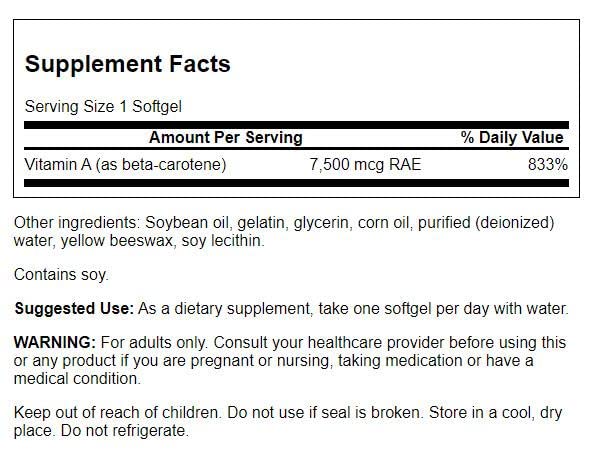 Swanson Beta-Carotene Vitamin A 25000 IU Softgels - Skin, Eye, and Immune System Health - Antioxidant Support - 7500 mcg (300 Softgels)