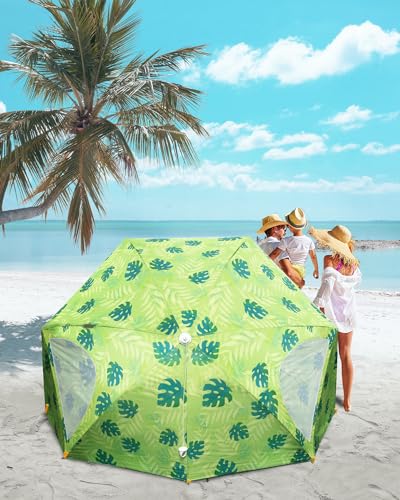 OutdoorMaster Pop Up Beach Umbrella, Portable Beach Tent Shelter, Beach Shade Sun Canopy with UPF 50+ UV Protection, Extendable Floor with Carrying Bag - Golden Amber