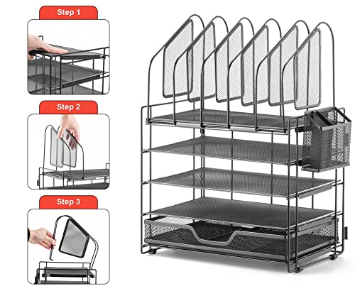 Lavatino 5 Tier Desk File Organizer, Letter Tray Paper Organizer with Pen Holders, Office Supplies Desk Accessories & Workspace with Sliding Drawers, Desk File Holder for Office, School, Home, Black