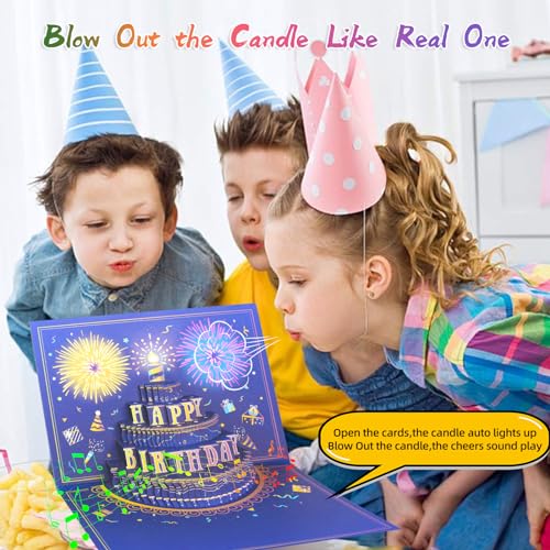 MZD8391 UPGRADED 3D Pop Up Firework Birthday Cards, Musical & LED Lights Birthday Cards with Blowable Birthday Cake, Greeting Cards, Birthday Gifts for Mom Women Men Kids Child Dad Father Wife (Blue)