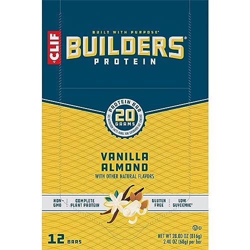 CLIF Builders - Vanilla Almond Flavor - Plant Based Protein Bars - Gluten Free - Non-GMO - Low Glycemic - 20g Protein - 2.4 oz. (12 Count)