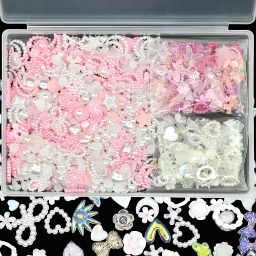 Anower 1400Pcs Pink White Assorted 3D Nail Charms Variety Heart Star Bow Round Flatback Nail Pearls Rhinestones Charms for Manicure Craft Accessories