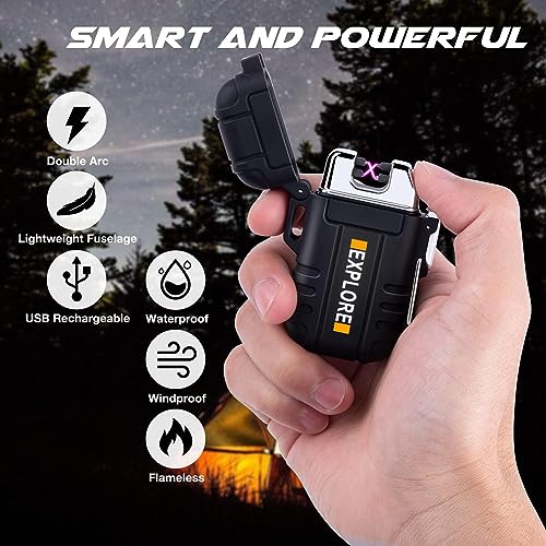 LcFun Waterproof Electric Lighter Windproof Dual Arc USB Rechargeable Flameless Plasma Lighters for Camping Hiking Survival Tactical Gear Gifts for Men Fathers Husband