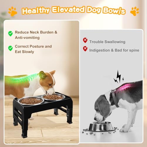 Elevated Dog Bowls for Small Medium Dogs 3 Height Adjustable Raised Dog Bowl Stand with 2 Thick 6" Stainless Steel Dog Food Bowls Non-Slip Dog Feeder Adjusts to 2.75", 6", 7.5", Black