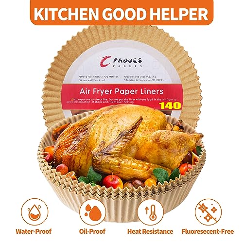 PABUES 7.9inch 140 Pcs Air Fryer Disposable Paper Liner,Non-Stick Parchment Paper, Oil Resistant, Waterproof, Food Grade Baking Paper for 5-8 QT Air Fryer Baking Roasting Microwave