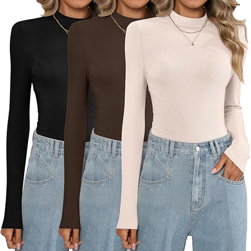 Riyiper 3 Pack Women's Turtleneck Shirts, Slim Fitted Mock Neck Tops Casual Long Sleeve Knit Ribbed Thermal Undershirts Tee(Small,Black, Cream, Dark Brown)