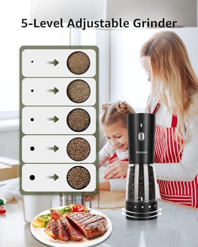 Electric Salt and Pepper Grinder Set, Large Capacity 5.3oz Salt and Pepper Grinder Set with Adjustable Coarseness, Rechargeable Stainless Steel Electric Pepper Grinder with Elegant Storage Base