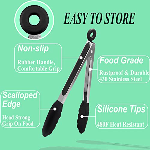HST Tongs for Cooking with Silicone Tips(3 Pack), Non Stick Kitchen Tongs with Silicone Tip for Cooking BBQ Baking (9", Black)
