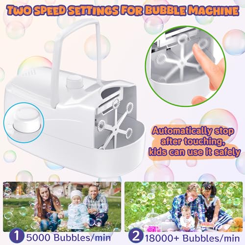 Bubble Machine,18000+ Big Bubbles/Min Automatic Bubble Blower for Kids with 2 Speeds,6 Wands,Operated by Plugin or Batteries Bubble Maker for Outdoor/Indoor Birthday Parties,Wedding (White)