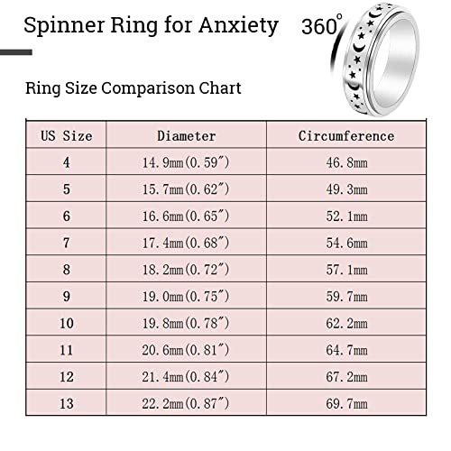 OreilleStar Anxiety Ring for Women Spinner Ring Fidget Ring Fidget Toys Adults Spinner Rings Stainless Steel Silver Rainbow Size 7 Moon Star Band