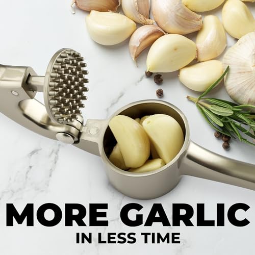 Zulay Kitchen Premium Garlic Press Set - Rust Proof & Dishwasher Safe Professional Garlic Mincer Tool - Easy-Squeeze, Easy-Clean with Soft, Ergonomic Handle - Silicone Garlic Peeler & Brush (Chrome)