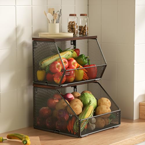 Stackable Fruit Basket Wire Baskets with Wood Lid, Wall Mounted Produce Basket for Fruit and Vegetable Storage, Countertop Onion and Potato Storage, Litwaro 7.1"W & 11.1"W Kitchen Counter Organizer