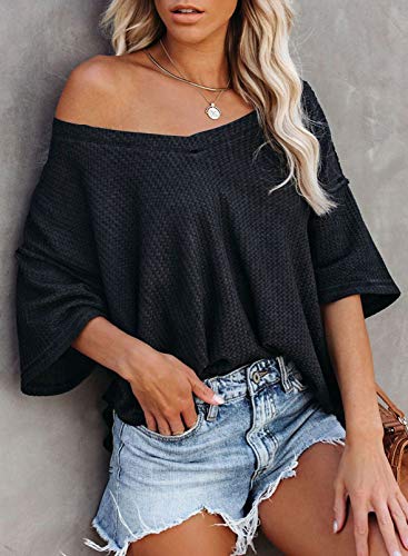 Dokotoo Womens Summer Casual Ladies V Neck Short Sleeve Shirts Waffle Knit Henley Tunic Tops Loose Fit Flowy Blouses Office Fashion 2024 Summer Gray L