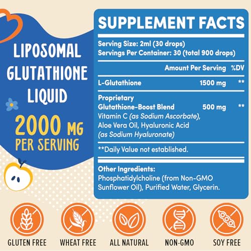 Prunucis 2000MG Liposomal Glutathione Liquid, 98% Absorption, Glutathione Liquid Supplement, Active Form L- Glutathione, Powerful Antioxidant Non-GMO for Immune System, Aging Defense, Detox, 2 FL.OZ