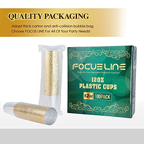 FOCUSLINE 100 Pack 12 oz Gold Rimmed Plastic Cups, 12 Ounce Clear Tumblers, Heavy-duty & Fancy Disposable Hard Plastic Cups with Gold Rim for Wedding Elegant Party