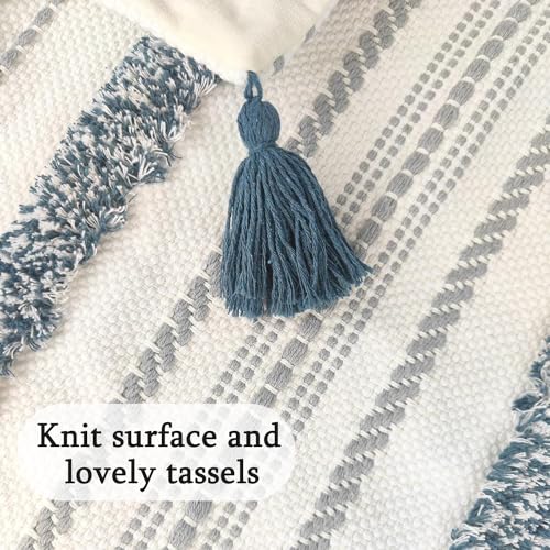 Zufudo Throw Pillow Covers with Tassels Set of 2 Cotton Boho Tufted Modern Farmhouse Decorative Lumbar Pillow Covers for Couch, 12×20 Inch Blue