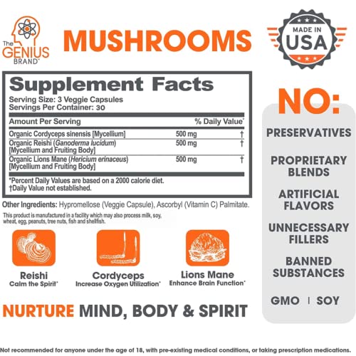 Genius Mushroom Supplement - Lions Mane, Cordyceps, Reishi - Brain Nootropic for Energy, Focus, Overall Wellness, & Immune Support, - 90 Veggie Pills