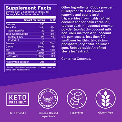 Bulletproof Chocolate Collagen Protein Powder with MCT Oil, 19g Protein, 17.6 Oz, Collagen Peptides and Amino Acids for Healthy Skin, Bones and Joints