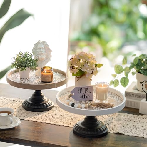 Hanobe Cake Stand Wood Riser: Decorative Boho Display Risers 12 in Round Rustic Wooden Cupcake Stand with Black Metal Pedestal for Wedding Birthday Party Home Decor Brown