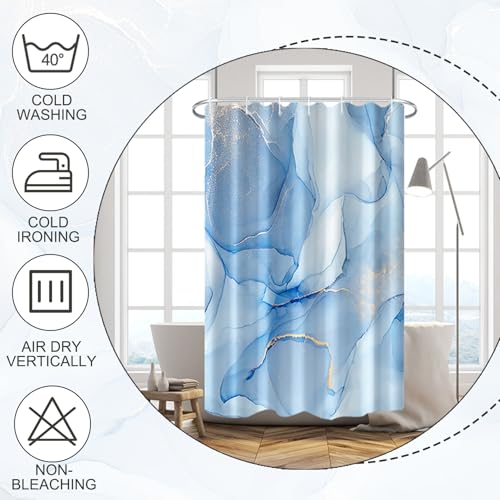 Baocicoo Dusty Blue Gold Marble Shower Curtain Sets Modern Ink Art Luxury Shower Curtain for Bathroom Hostel Hotel Living Room Decor Waterproof Durable Fabric Shower Curtain with Hooks 48x72 Inches