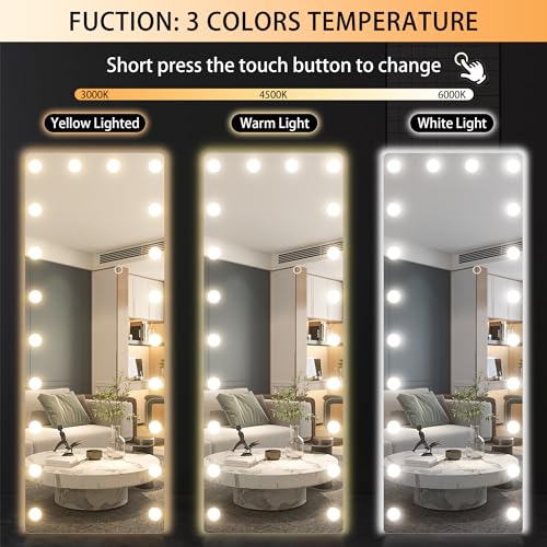 OUYOBO Full Length Mirror with Lights, 55" x 18" Led Standing Mirror, Hollywood Full Body Mirrors with Bulbs, Wall Mounted, 3 Colors Temperature