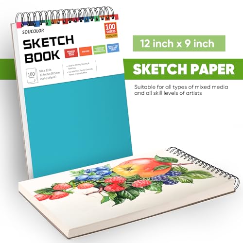 Soucolor School Supplies 9" x 12" Sketch Book for High College School Teacher Student, 1-Pack 100 Sheets Spiral Bound Art Sketchbook, Acid Free (68lb/100gsm) Artist Blank Book for Kids, Back to School