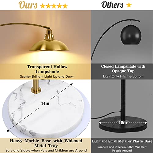 FILIYANO Gold Brass Arc Floor Lamp for Living Room - Mid Century Modern Standing Lamp, Overhanging Floor Lamps, Arch Stand Up Lamp & Floor Light with White Marble Base, Ideal for Bedroom Study Room