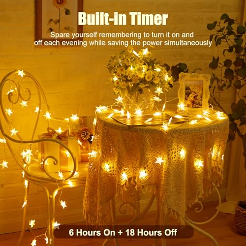 Minetom Star String Lights Battery Operated - 17 ft 50 LED Star Fairy String Lights with Timer, Waterproof for Indoor Bedroom Tent Loft Bed Patio Party Wedding Decor, Warm White