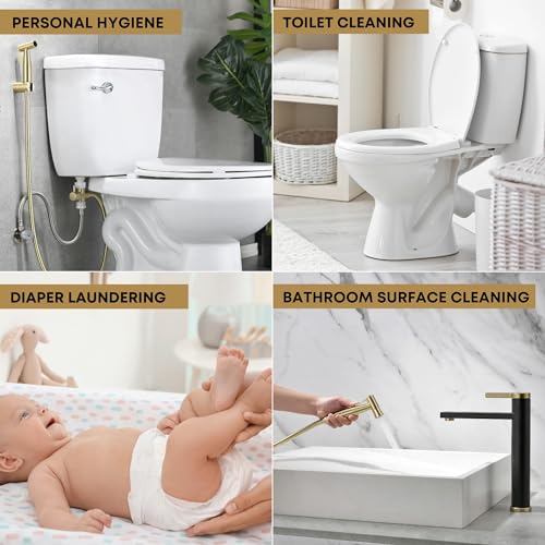 Purrfectzone Bidet Sprayer for Toilet, Handheld Bidet Sprayer Kit, Easy-to-Install Toilet Bidet Sprayer Set, Hand Held Stainless Steel Bidet with Adjustable Flow, Cloth Diaper Sprayer-Brushed Gold