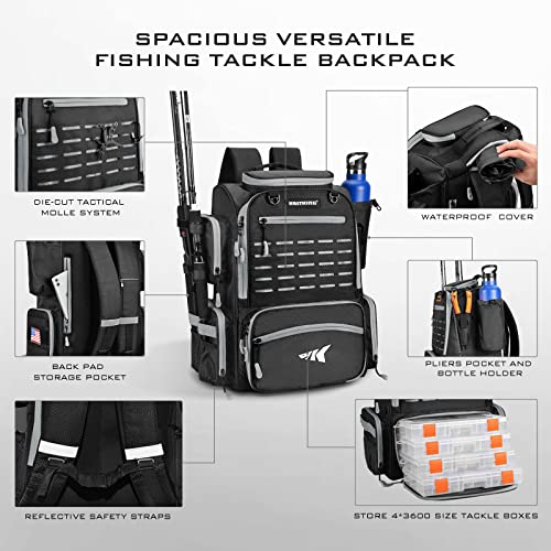 KastKing Bait Boss Fishing Tackle Backpack with Rod Holders-4 Tackle Boxes-Rain Cover,43L Large Storage for Fishing Gear,Black