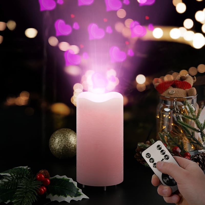 XingsLight Flameless Candles Valentine Romantic Pink Heart Projector Lights Battery Operated Night Light with Remote and Timer, LED Candle Home Decorations,Set of 2