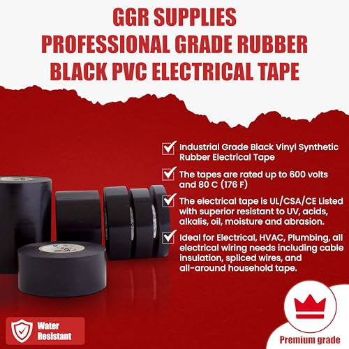 GGR Supplies T.R.U. EL7566-AW Professional Grade Rubber Black PVC Electrical Tape, Rated up to 600 Volts and 176 F - UL/CSA/CE Listed Synthetic: 1/2 in. x 66 Ft. (8 Mil)