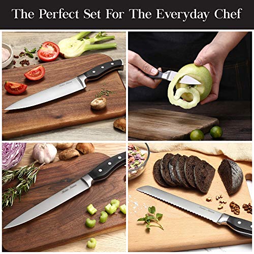 7-Piece Premium Black Kitchen Knife Set with Knife Block & Dual Knife Sharpener | Master Maison German Stainless Steel Knives | Professional Butcher Block Knife Set For Kitchen | Chef Knife Sets