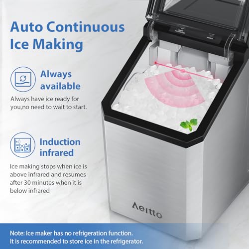 Aeitto Nugget Ice Maker Countertop, 55lbs/Day, Large Capacity Chewable Ice Maker, Rapid Ice Release in 5 Mins, Self-Cleaning with Stainless Steel Housing Ice Machine for Home Office and Party, Silver