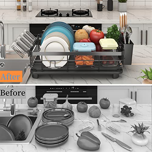 Godboat Dish Drying Rack, Dish Rack with Auto-Drain, Dish Racks for Kitchen Counter, 3 Slots Knife and Fork Holder, Glass Rack for 4 Cups, 360° Swivel Spout, Gifts for Women Mothers Day, Cool Gadgets