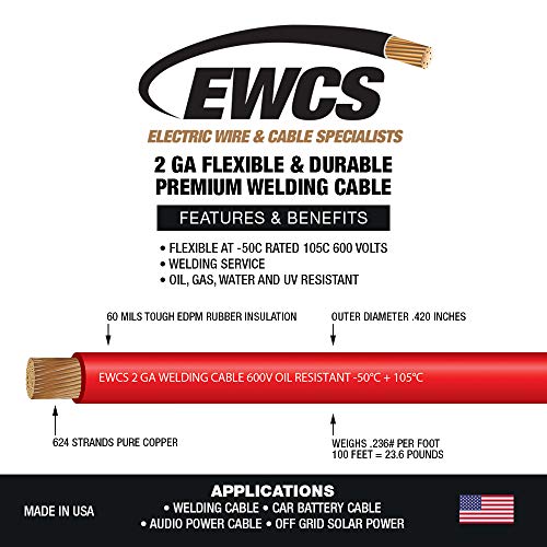 EWCS 2 Gauge Premium Extra Flexible Welding Cable 600 Volt - Red - 15 Feet - Made in The USA