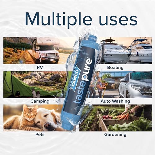 Camco TastePURE XL RV Water Filter - Reliable RV Inline Water Filter with Flexible Hose Protector - GAC & KDF Water Filter - Made in USA - Camping Essentials for Fresh Drinking Water (40019)