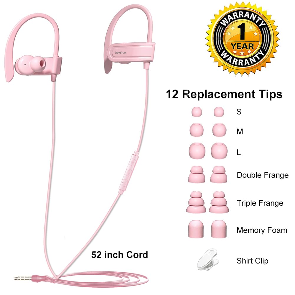 Joysico Wired Over Ear Earbuds with Microphone Volume Control Ear Hook and Case, Sweatproof Sport Earphones for Running Exercise Gym Workout, Wrap Around Headphones for Cellphones, Laptop, Tablet Pink