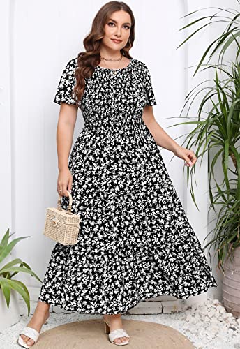 Younrui Womens Plus Size Long Maxi Dress with Pockets Floral Smocking Flutter Sleeves Tiered Layers Casual Dresses