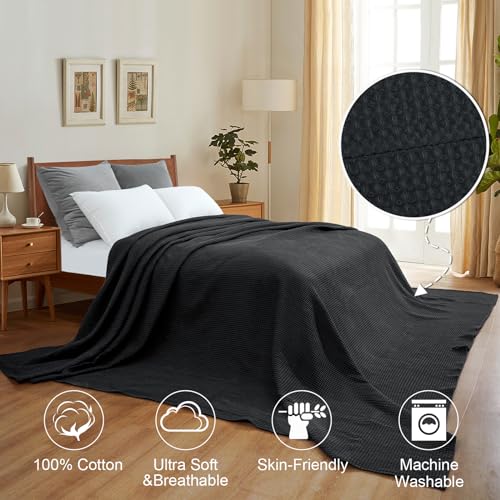 PHF 100% Cotton Waffle Weave Black Throw Blanket 50" x 60"-Lightweight Washed Soft Breathable Blanket for Adults and Kids-Perfect Blanket Layer for Couch Bed Sofa-Elegant Home Decoration
