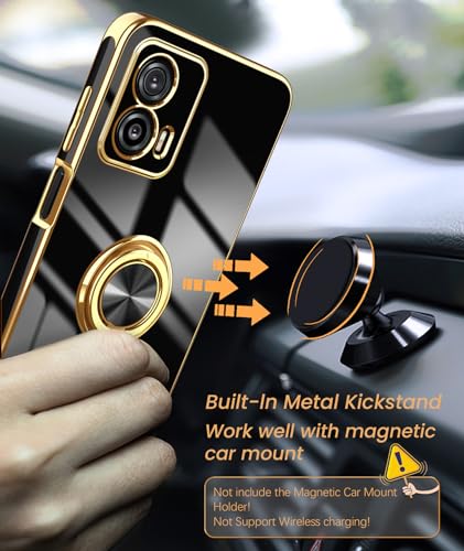 Dretal for Moto G 5G 2023 Case, 2X Screen Protector, 360° Rotatable Ring Holder Magnetic Kickstand,Plated Gold Edge Slim Soft TPU Protective Cover for Motorola G 5G 2023 (Black, ZH)