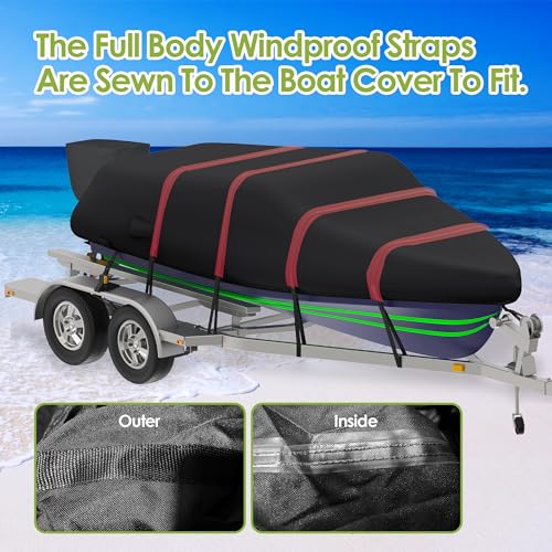 K-Musculo Boat Cover, 12-14 ft Heavy Duty 800D Waterproof Boat Cover, Tear UV Resistant Boat Cover with Motor Cover, Fits V-Hull, Tri-Hull, Runabout Boat Cover (Boat Width 68in, Black)