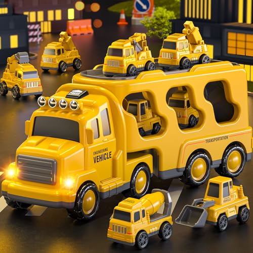 TEMI Construction Truck Boy Toys for 3-5 Year Old Toddlers - Toys for 3 4 5 6 7 Years Old Engineering Transport Vehicle Carrier Truck, Kids Excavator Crane Gift Toys for Boys & Girls Aged 4-6