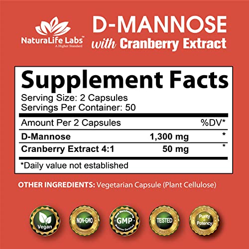 NaturaLife Labs A Higher Standard D-Mannose 1,300 mg with Cranberry Extract Fast-Acting, Flush Impurities, Urinary Tract Health- 100 Veggie Capsules