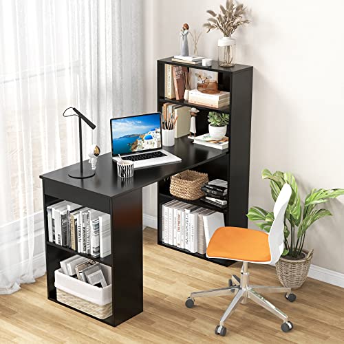 IFANNY 48 Inch Computer Desk with Bookshelf, Reversible Study Writing Desk with Storage Shelves & CPU Stand, Compact Office Desks & Workstations, Black Desk for Bedroom, Kids Room, Study (Black)