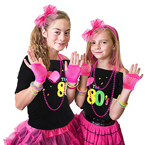 Didaey I Love The 80's Disco 80s Costume Print Off Shoulder Tops Tank Top Headband Earring Necklace Legwarmers Fishnet Gloves (Rose Red,Small)